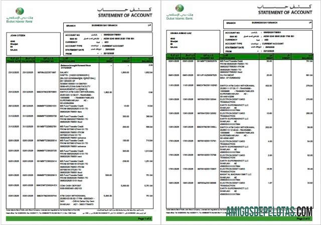 Extrato de conta do Banco Islâmico dos Emirados Árabes Unidos Dubai em branco modelo Word e PDF, 2 páginas